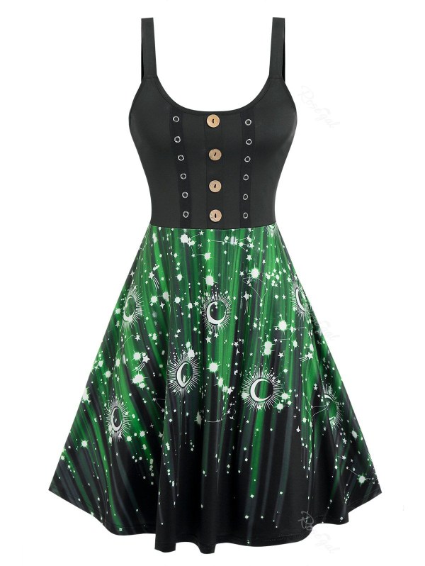 Star Moon Print Buttons Grommet Dress