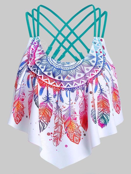 Strappy Feather Print Pointed Hem Swim Top