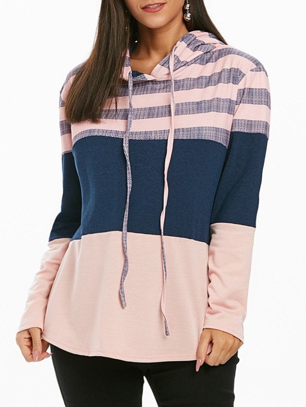 Striped Color Block Drawstring Loose Hoodie