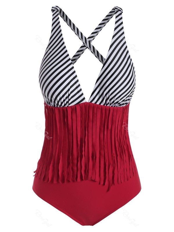 Striped Fringed Padded One-piece Swimsuit