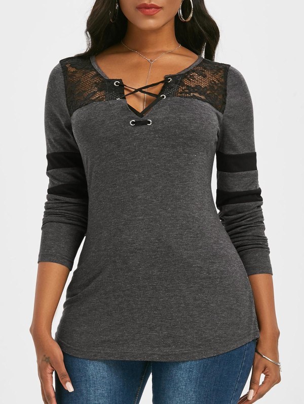 Striped Lace Panel Criss Cross V Neck T Shirt