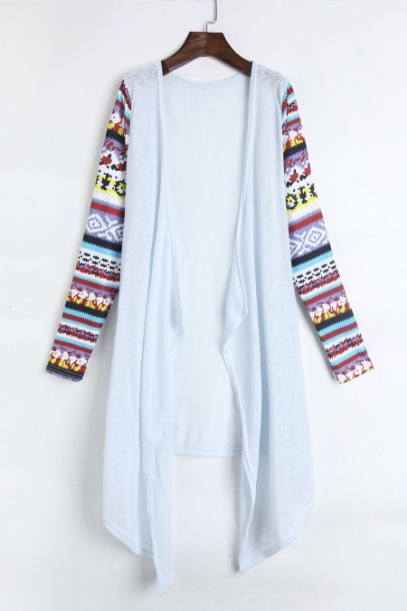 Stylish Collarless Long Sleeve Printed Draped Women's Thin Cardigan