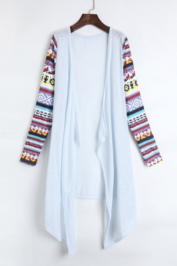 Stylish Collarless Long Sleeve Printed Draped Women's Thin Cardigan