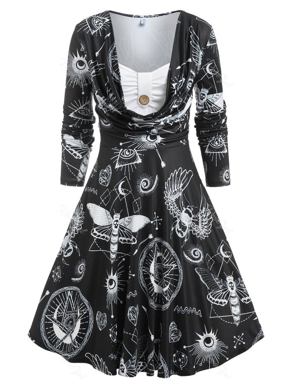 Sun Moon Star Dragonfly Print Draped Faux Twinset Dress