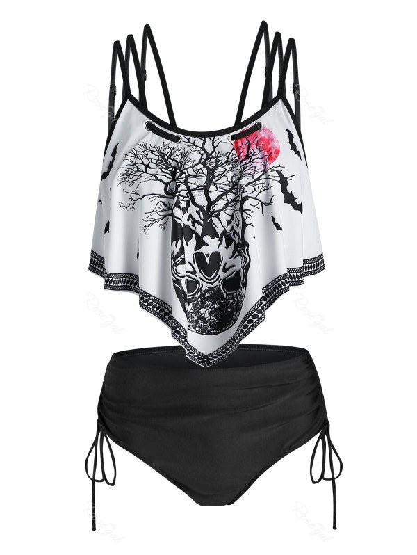 Tree Skull Print Strappy Cinched Padded Tankini Set