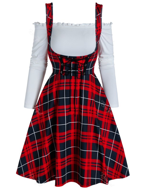 Two Piece Cold Shoulder Plaid Print Mini A Line Dress