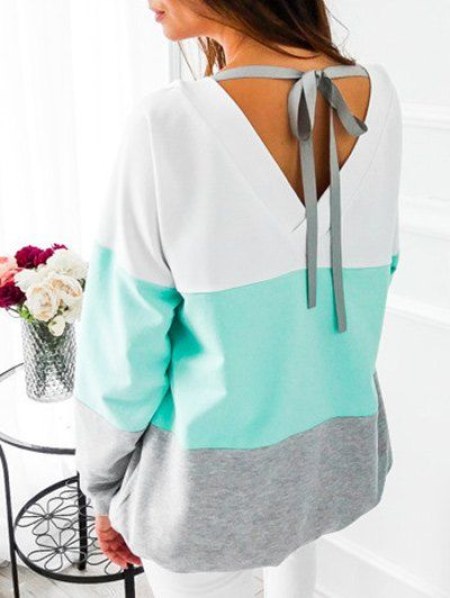 V Back Tied Color Block Sweatshirt
