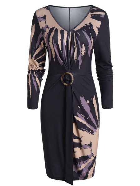 V Neck Printed Twist Button Bodycon Dress