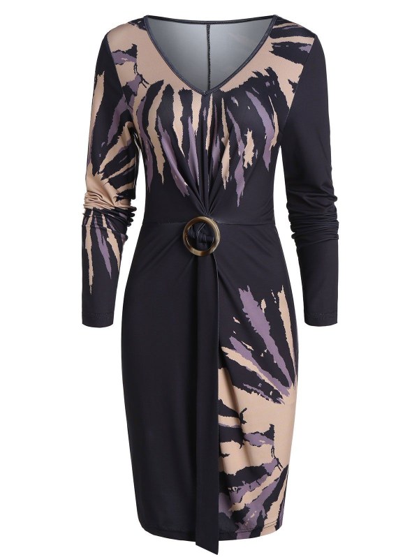 V Neck Printed Twist Button Bodycon Dress