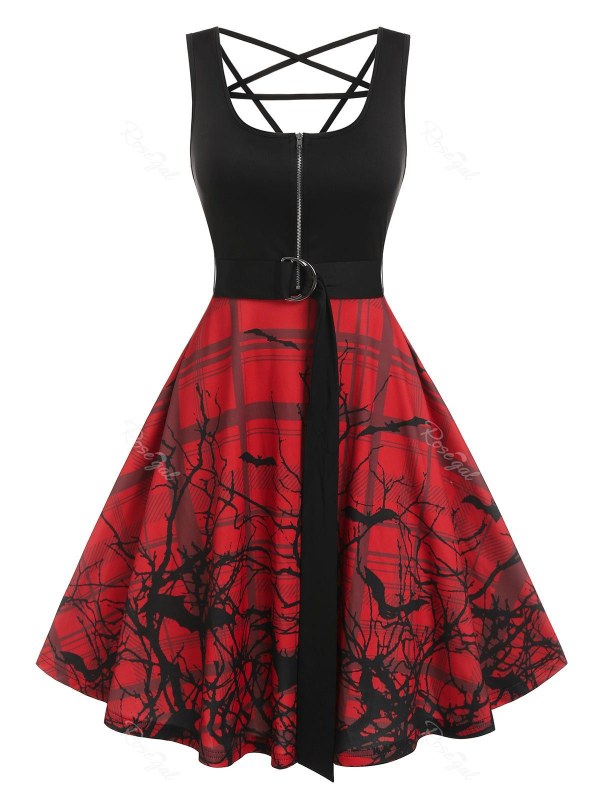 Zippered Bat Branch Print Halloween Dress
